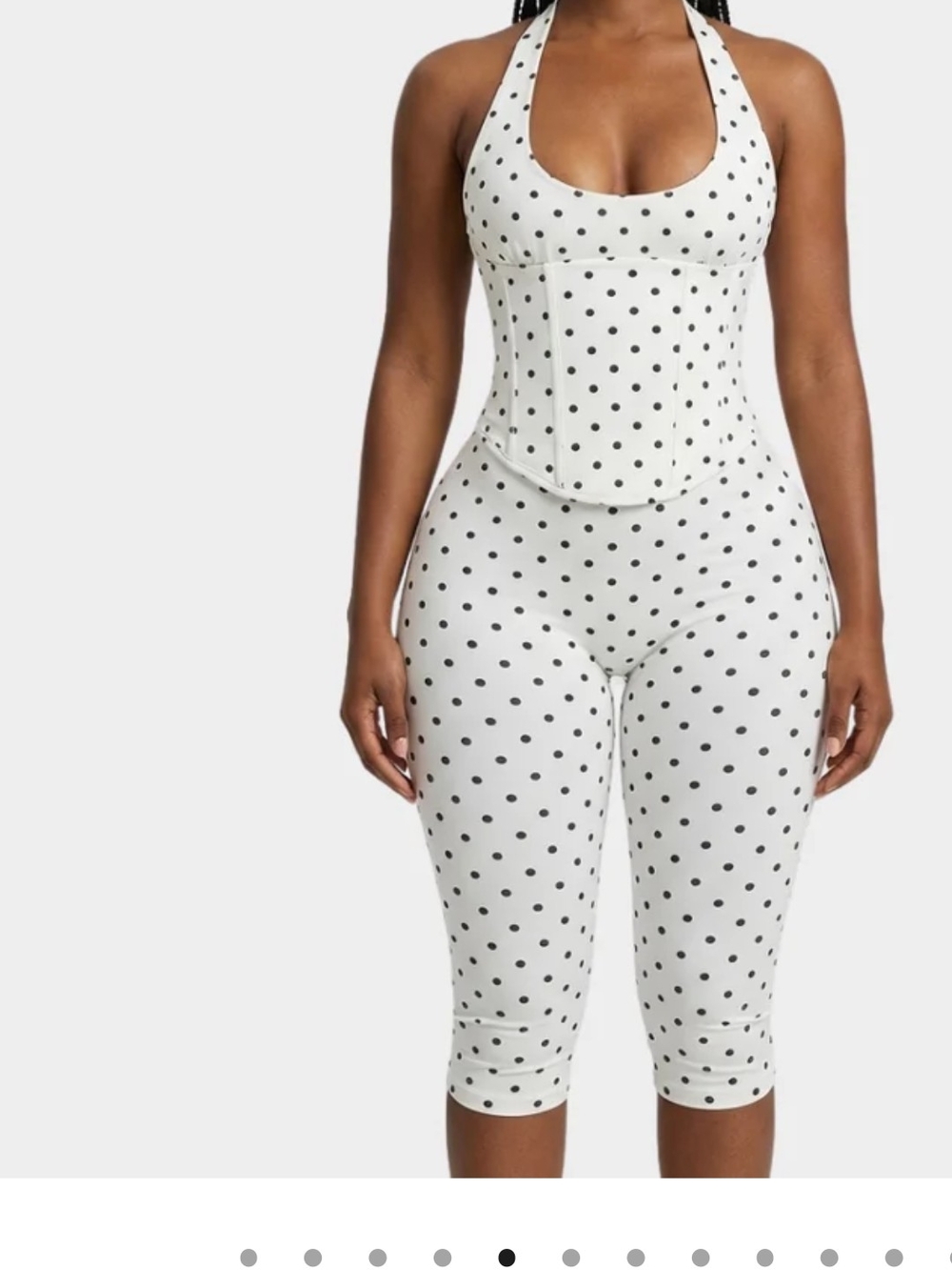 Polka Dot Halter Jumpsuit –wth Corset. White with Blue Dots